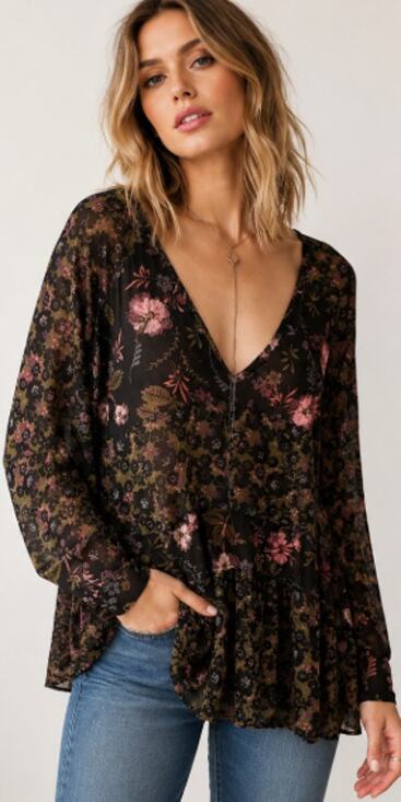 Free People Tops - Free People Boho Floral Babydoll Tunic Top Black Pink XS Long Sleeve V Neck